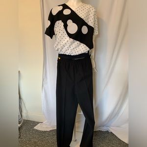 Vintage 80 s two piece set, black and white polkadot top, black pants